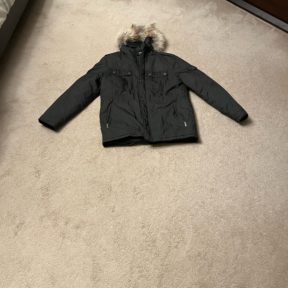 The Kooples Dark Green Jacket with Textured Detail and Real Fur Hood.